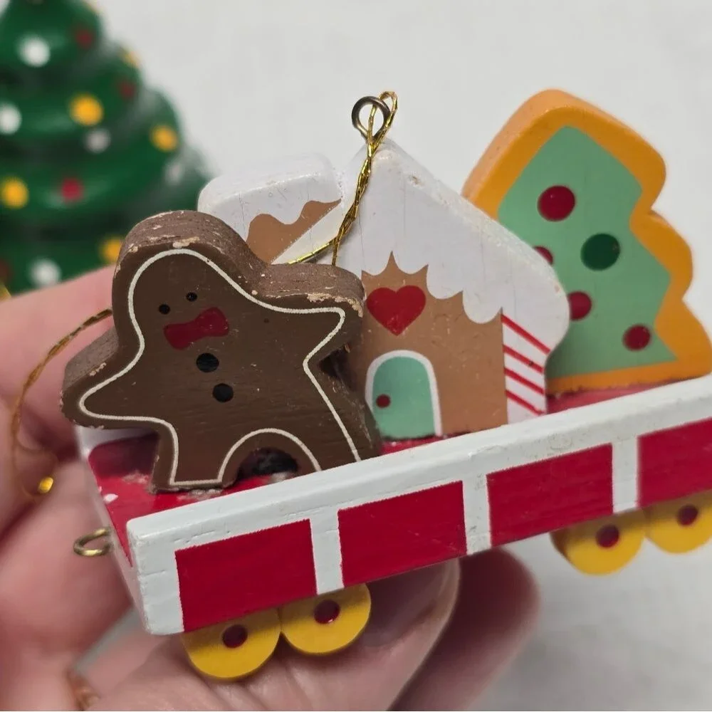 Vintage 80s Wooden Christmas Train Ornaments Set Of 3 Holiday Retro Santa